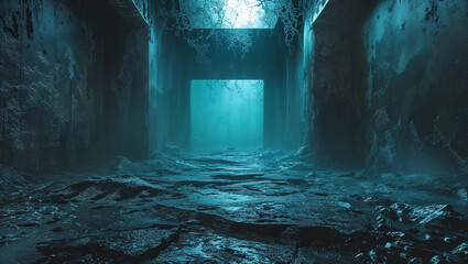 Obraz premium Gloomy concrete corridor leading to mystical forest opening