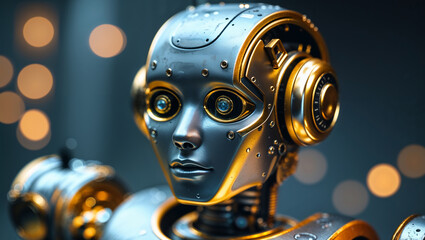 Futuristic robot listening to music with headphones in blurred background