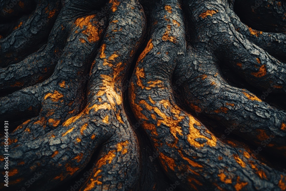Poster Detailed view of textured tree roots showcasing intricate patterns and warm orange highlights on a forest floor during autumn