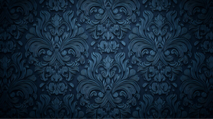 Close up of intricate dark blue damask pattern with floral and leaf motifs repeating across surface