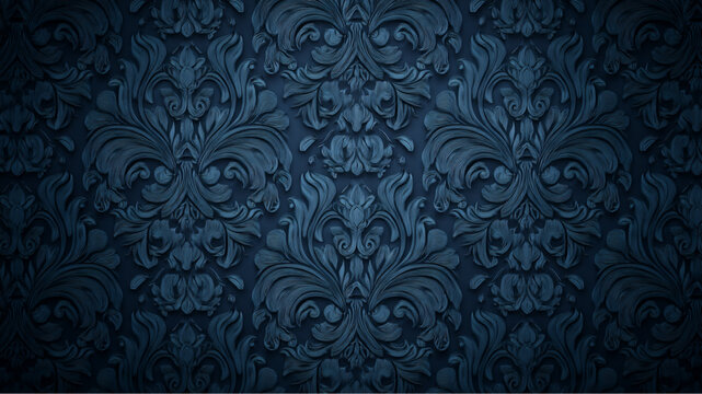 Close up of intricate dark blue damask pattern with floral and leaf motifs repeating across surface