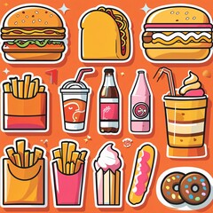 Fastfood stickers. Cartoon junk food snack labels, unhealthy meal with french fries pizza burger sandwich hot dog ice cream food, restaurant menu elements. Vector isolated set