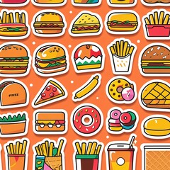 Fastfood stickers. Cartoon junk food snack labels, unhealthy meal with french fries pizza burger sandwich hot dog ice cream food, restaurant menu elements. Vector isolated set