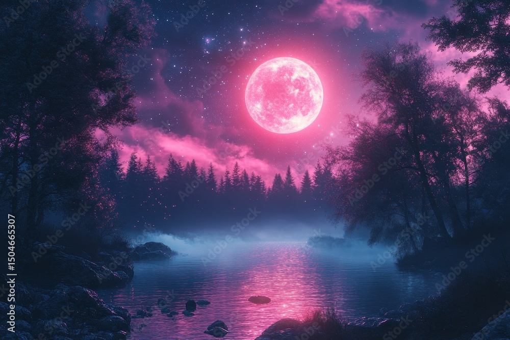 Poster ethereal moonlight casts a soft glow over a misty forest landscape at night, creating a magical atmo
