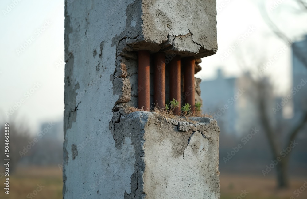 Poster old weathered concrete pillar with rusty rebar reinforcement. damaged structure against blurred back