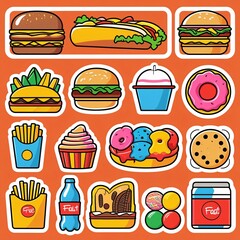 Fastfood stickers. Cartoon junk food snack labels, unhealthy meal with french fries pizza burger sandwich hot dog ice cream food, restaurant menu elements. Vector isolated set