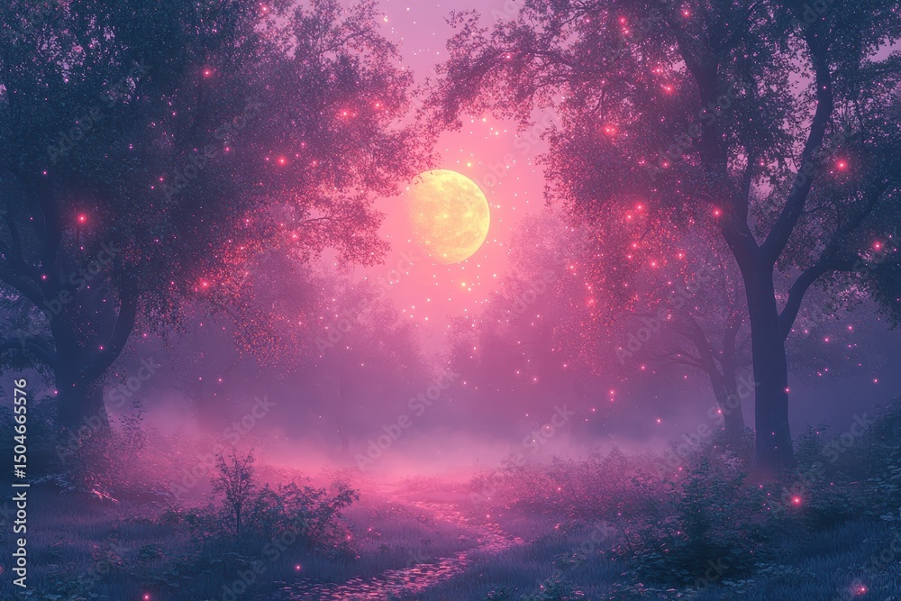 Poster ethereal moonlight casts a soft glow over a misty forest landscape at night, creating a magical atmo