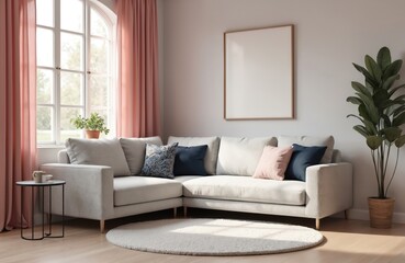 Fototapeta premium Modern living room interior with sofa near window. Neutral colors with pink curtains, blank picture frame, rug. Home decor with plants, natural light, comfortable, cozy atmosphere.