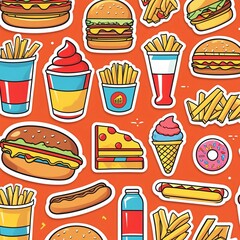 Fastfood stickers. Cartoon junk food snack labels, unhealthy meal with french fries pizza burger sandwich hot dog ice cream food, restaurant menu elements. Vector isolated set