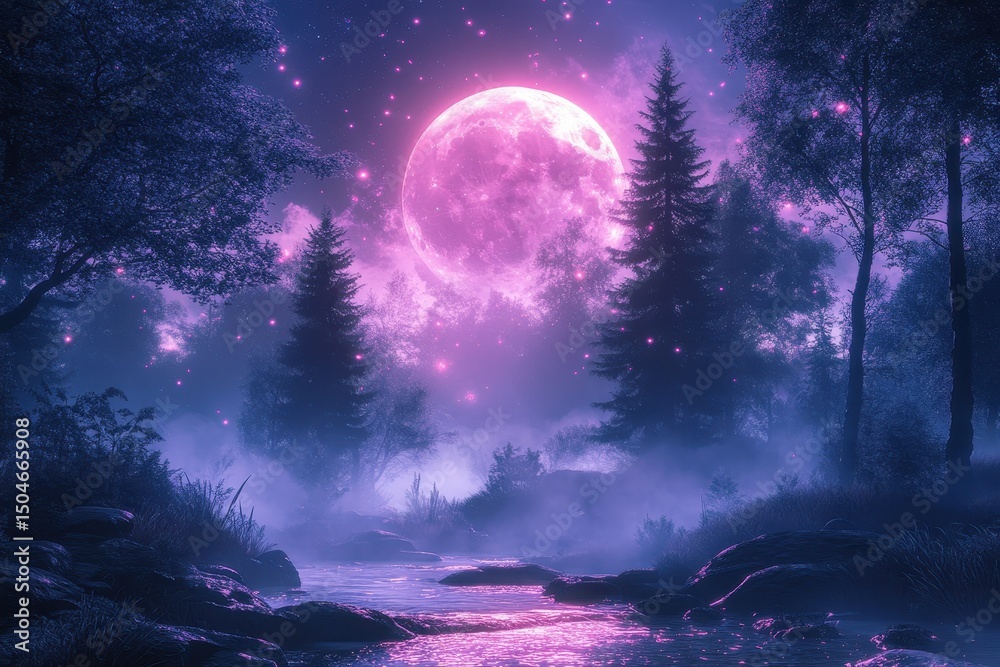 Poster ethereal moonlight casts a soft glow over a misty forest landscape at night, creating a magical atmo