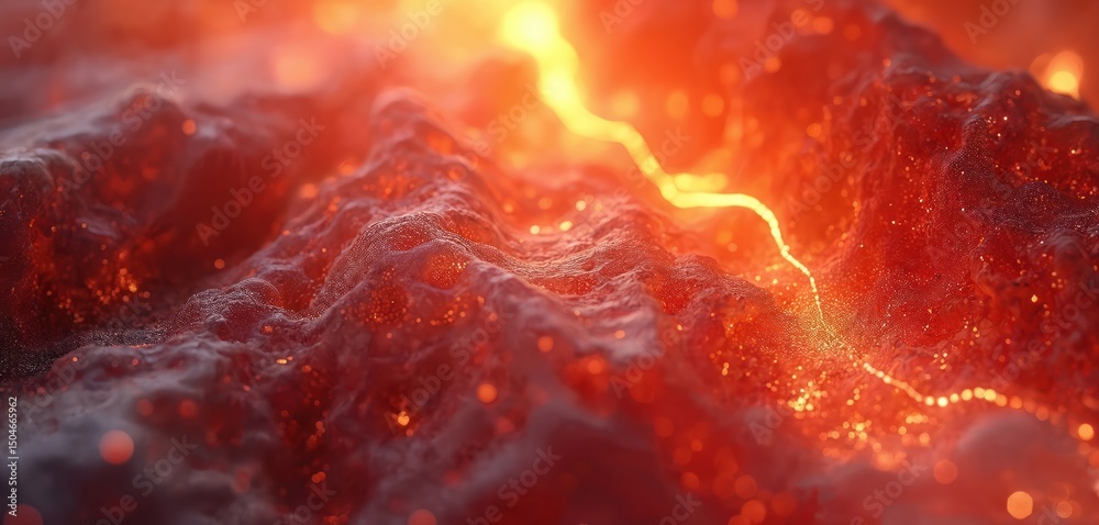 Poster Abstract organic marble texture with bright red, orange tones illuminated soft diffuse light. Dynamic scene created. Fluid, flowing, decorative stone, rock, paint. For interior design, background,