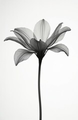 Minimalist X-ray illustration of flower against white background. Delicate semitransparent petals. Black-and-white design. Minimal, simple artwork. Ideal for decor, art prints, poster designs,