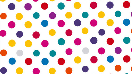 A vibrant and playful pattern featuring a multitude of colorful polka dots scattered across a white background
