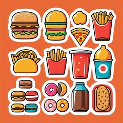 Fastfood stickers. Cartoon junk food snack labels, unhealthy meal with french fries pizza burger sandwich hot dog ice cream food, restaurant menu elements. Vector isolated set