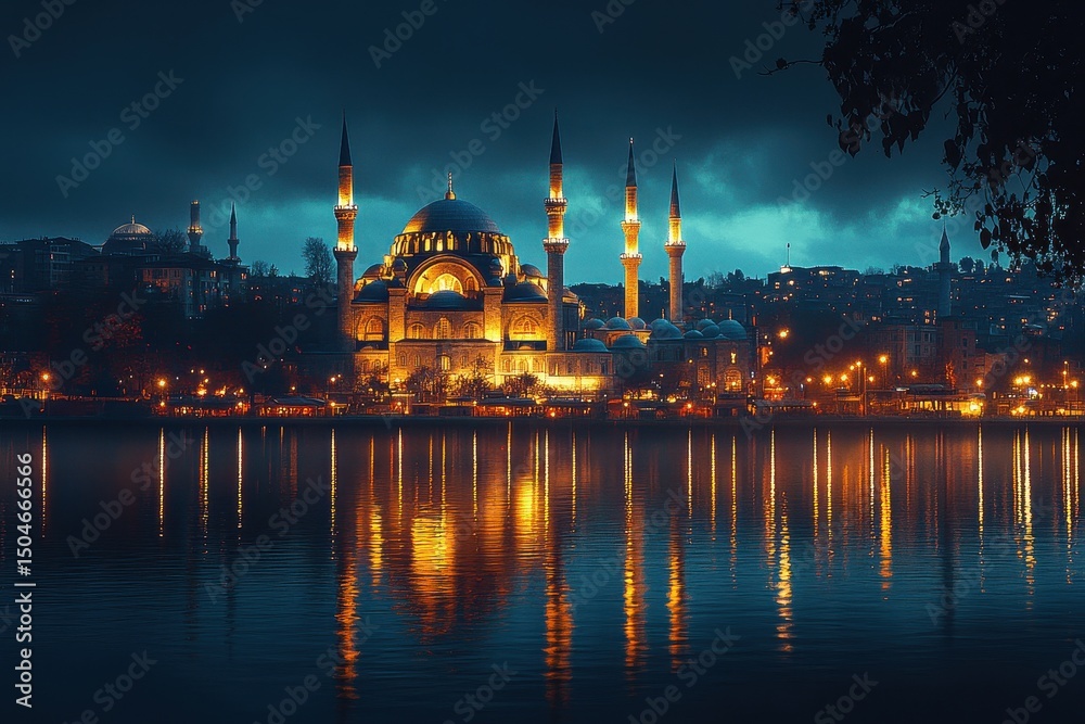 Poster majestic mosque illuminated at dusk with shimmering reflections in the calm waters of a city known f
