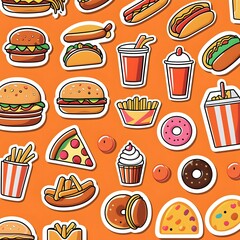 Fastfood stickers. Cartoon junk food snack labels, unhealthy meal with french fries pizza burger sandwich hot dog ice cream food, restaurant menu elements. Vector isolated set