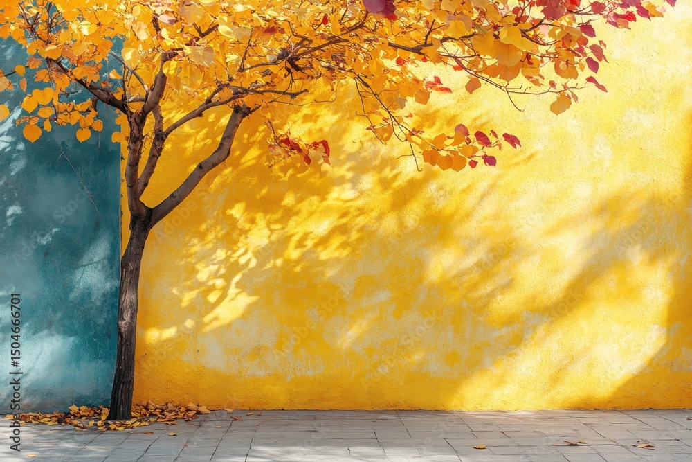 Aufkleber sunlight streams through a window casting shadows on a bright yellow wall next to a green plant and 