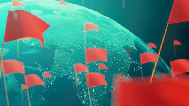 A collection of red flags waving against a globe, suggesting a theme of global revolution or unity among nations.