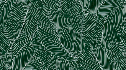 Abstract leaves pattern with white lines on dark green background creating a dense foliage design