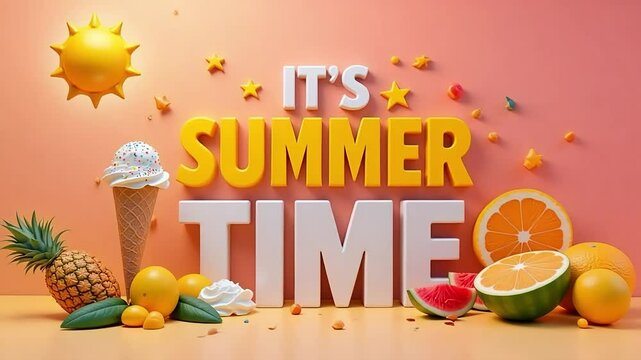 It's summer time text with sun, ice cream, pineapple, orange, and watermelon on orange background