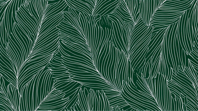 Abstract leaves pattern with white lines on dark green background creating a dense foliage design..