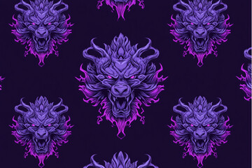 Seamless pattern of purple wolf heads with glowing eyes on a dark background repeated symmetrically