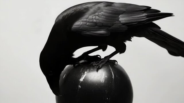 Black raven perched on a ball with sharp claws gripping it for balance.
