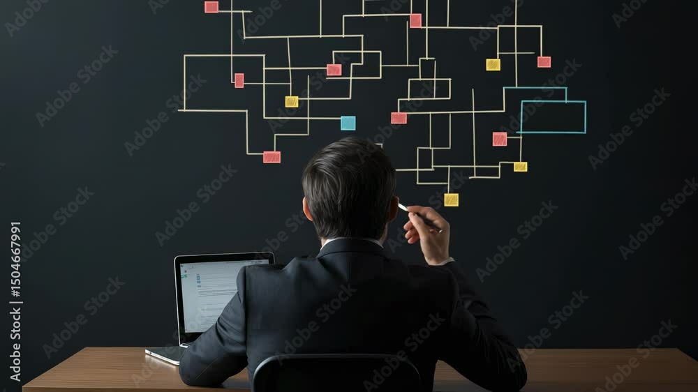 Poster Businessman sitting at desk and analyzing different career paths and choices, facing a blackboard with interconnected lines and colorful squares representing possible options and directions