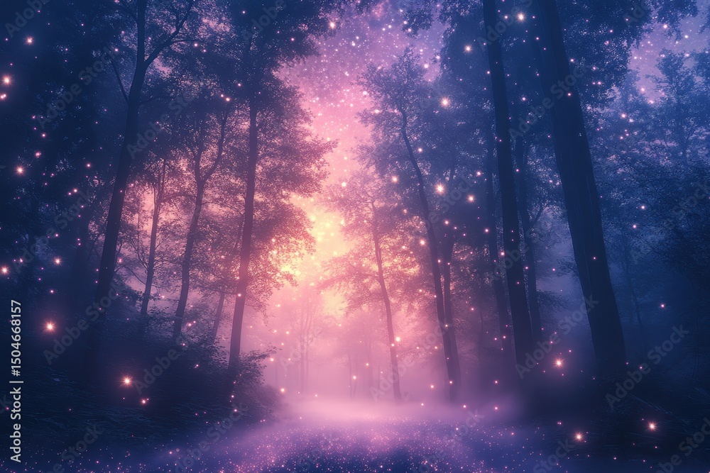 Aufkleber Magical forest illuminated by glowing particles at dusk, creating an enchanting atmosphere without a hint of humanity