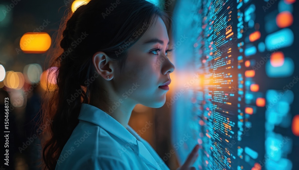 Poster young woman interacts digital data display. data scientist or programmer works with code in futurist