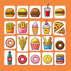 Fastfood stickers. Cartoon junk food snack labels, unhealthy meal with french fries pizza burger sandwich hot dog ice cream food, restaurant menu elements. Vector isolated set
