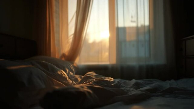 Golden Hour Serenity: A tranquil bedroom bathed in the soft light of dawn, with the sun's warm rays gently filtering through sheer curtains, caressing the rumpled bed, inviting relaxation and peace.