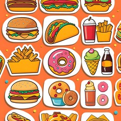 Fastfood stickers. Cartoon junk food snack labels, unhealthy meal with french fries pizza burger sandwich hot dog ice cream food, restaurant menu elements. Vector isolated set