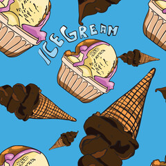 Ice cream cones and cups melting on vibrant blue background seamless pattern