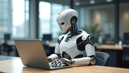 Fototapeta premium Humanoid robot using laptop at office desk. AI working on computer. Automated tech, data processing, digital transformation. Futuristic modern business, cyberspace.