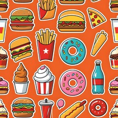 Fastfood stickers. Cartoon junk food snack labels, unhealthy meal with french fries pizza burger sandwich hot dog ice cream food, restaurant menu elements. Vector isolated set