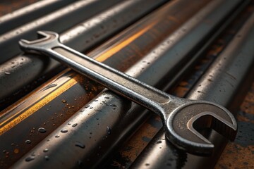 Detection Systems in the Oil Industry Concept, A close-up of a shiny wrench resting on metallic pipes with Oil stains.