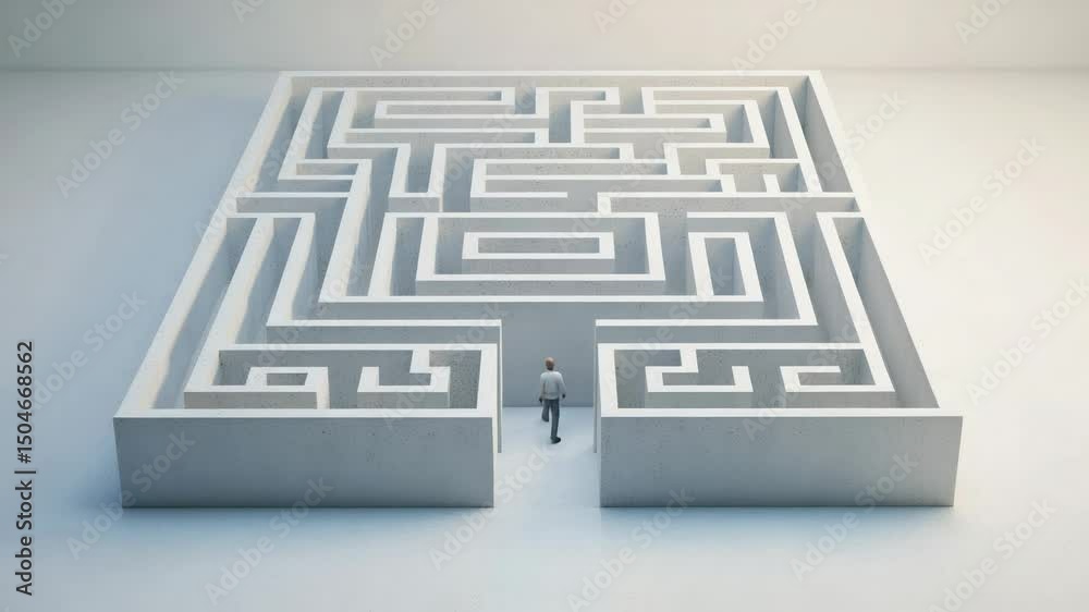 Poster multiple instances of a businessman standing at the entrance of a large, intricate white maze isolat