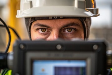 Detection Systems in the Oil Industry Concept, Focused worker in a helmet operates equipment, showcasing determination and concentration.