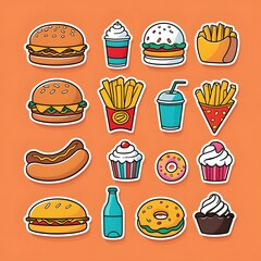 Fastfood stickers. Cartoon junk food snack labels, unhealthy meal with french fries pizza burger sandwich hot dog ice cream food, restaurant menu elements. Vector isolated set