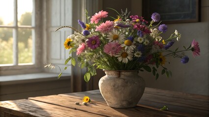 A bouquet of mixed wildflowers in a rustic vase on a wooden table, natural light, hyperrealism