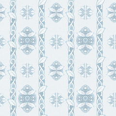 Seamless pattern, wallpaper with hand embroidered white vintage napkin ornament in art nouveau style. Watercolor hand drawn illustration on a light blue watercolor background
