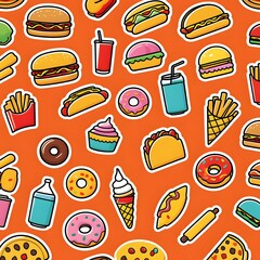 Fastfood stickers. Cartoon junk food snack labels, unhealthy meal with french fries pizza burger sandwich hot dog ice cream food, restaurant menu elements. Vector isolated set
