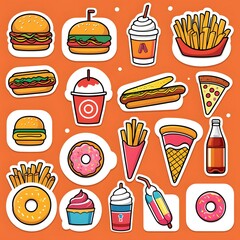 Fastfood stickers. Cartoon junk food snack labels, unhealthy meal with french fries pizza burger sandwich hot dog ice cream food, restaurant menu elements. Vector isolated set