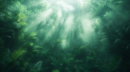 Obraz premium Sunlight illuminating the lush, dense canopy of a tropical rainforest paradise