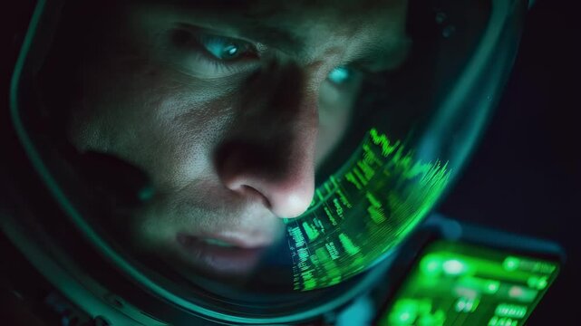 Professional astronaut analyzing green data stream displayed on digital interface inside spacesuit visor during advanced space mission, reflecting complex technological monitoring process
