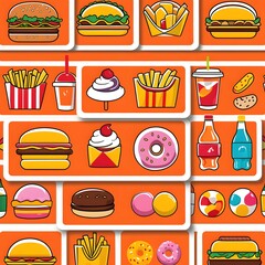 Fastfood stickers. Cartoon junk food snack labels, unhealthy meal with french fries pizza burger sandwich hot dog ice cream food, restaurant menu elements. Vector isolated set