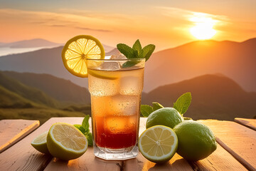 Glass of refreshing cocktail drink on wooden table over sea, sandy beach and sunset background. Cocktail enriched with lemon slices, fresh mint leaves and ice. Refreshing summer drink vacation concept