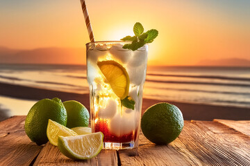 Glass of refreshing cocktail drink on wooden table over sea, sandy beach and sunset background. Cocktail enriched with lemon slices, fresh mint leaves and ice. Refreshing summer drink vacation concept