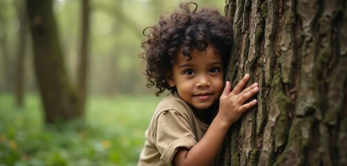 Young child hugging tree trunk in forest. Nature love, care, commitment to environment, eco concept, embrace planet. Sustainability, climate change, positive ecological solution.